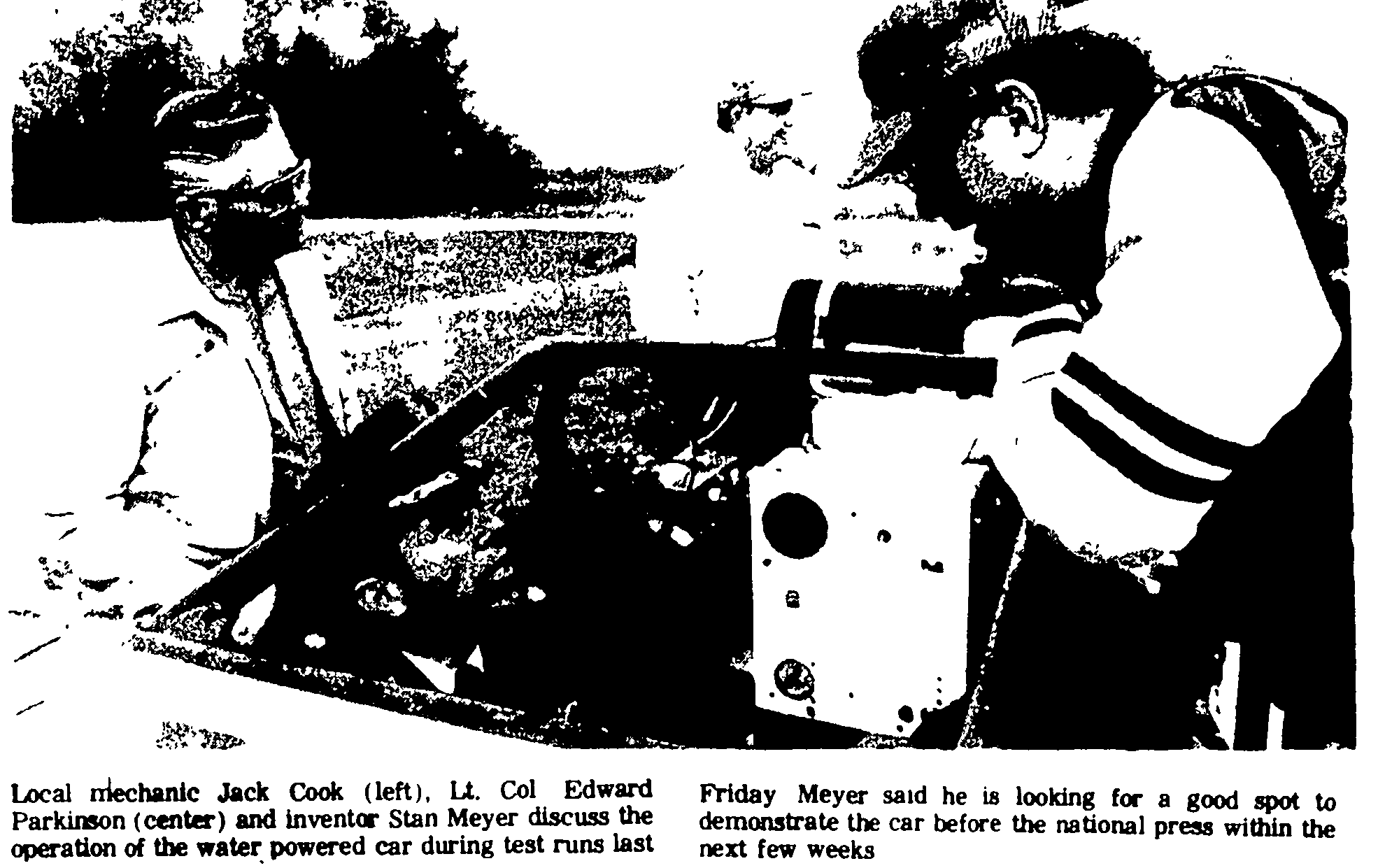 Page five: Jack Cook, Lt. Col. Edward Parkinson and Stan Meyer at the car