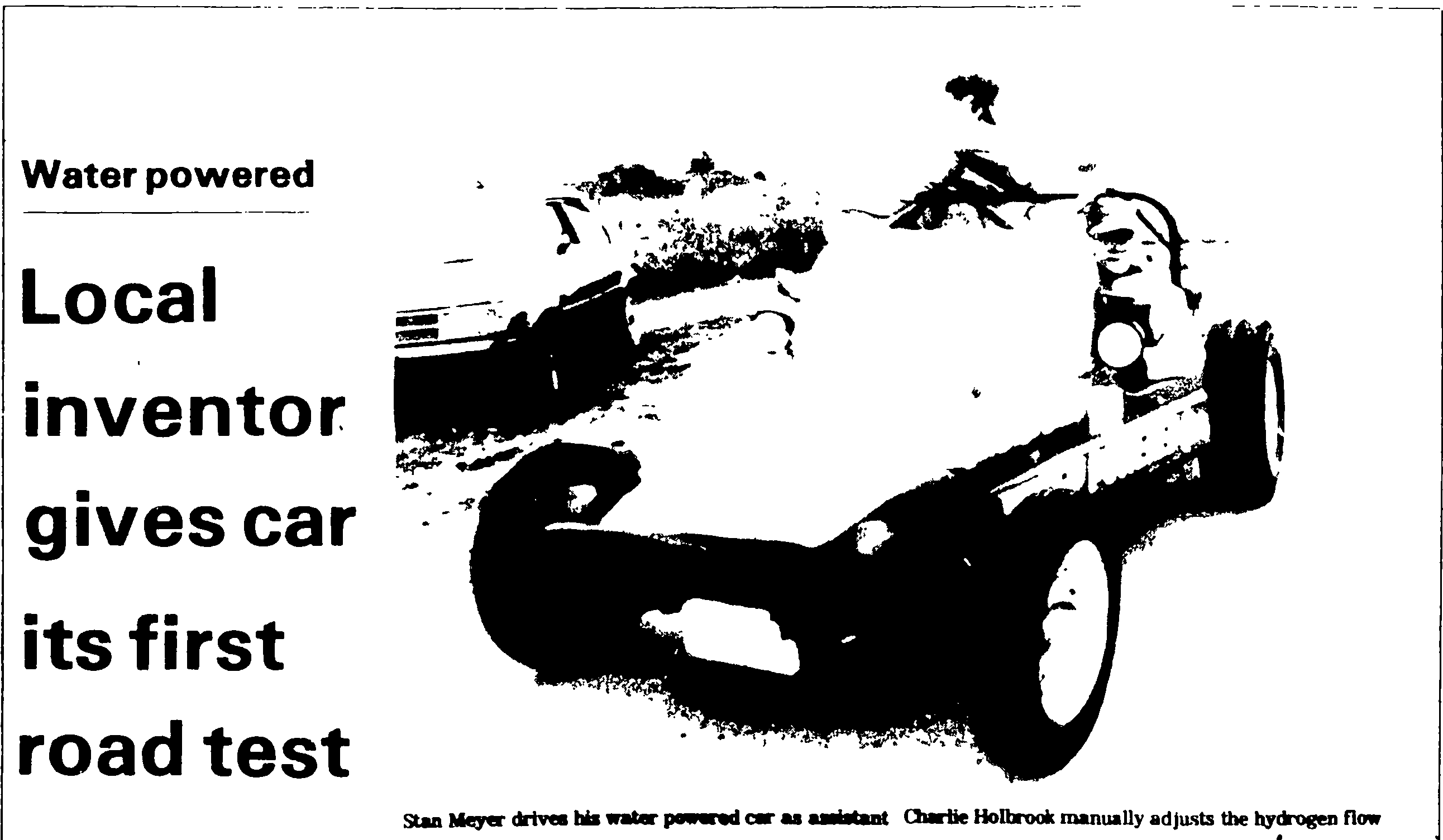 The front page of the Grove City Record, 17 October 1985: the headline and Stan Meyer driving the water-powered car