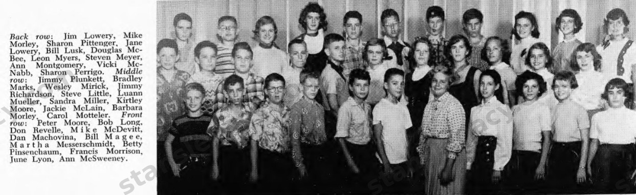 1955. Back row, third from the right: Steven Meyer. Full caption: “Back row: Jim Lowery, Mike Morley, Sharon Pittenger, Jane Lowery, Bill Lusk, Douglas McBee, Leon Myers, Steven Meyer, Ann Montgomery, Vicki McNabb, Sharon Perrigo. Middle row: Jimmy Plunkett, Bradley Marks, Wesley Mirick, Jimmy Richardson, Steve Little, Luann Mueller, Sandra Miller, Kirtley Moore, Jackie McLain, Barbara Morley, Carol Motteler. Front row: Peter Moore, Bob Long, Don Revelle, Mike McDevitt, Dan Machovina, Bill Magee, Martha Messerschmidt, Betty Pinsenchaum, Francis Morrison, June Lyon, Ann McSweeney.” No Stanley.