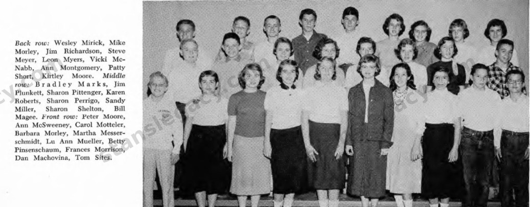 1956, the freshman year. Back row again: “Wesley Mirick, Mike Morley, Jim Richardson, Steve Meyer, Leon Myers, Vicki McNabb, Ann Montgomery, Patty Short, Kirtley Moore.” Middle row: “Bradley Marks, Jim Plunkett, Sharon Pittenger, Karen Roberts, Sharon Perrigo, Sandy Miller, Sharon Shelton, Bill Magee.” Front row: “Peter Moore, Ann McSweeney, Carol Motteler, Barbara Morley, Martha Messerschmidt, Lu Ann Mueller, Betty Pinsenschaum, Frances Morrison, Dan Machovina, Tom Sites.” Still no Stanley.