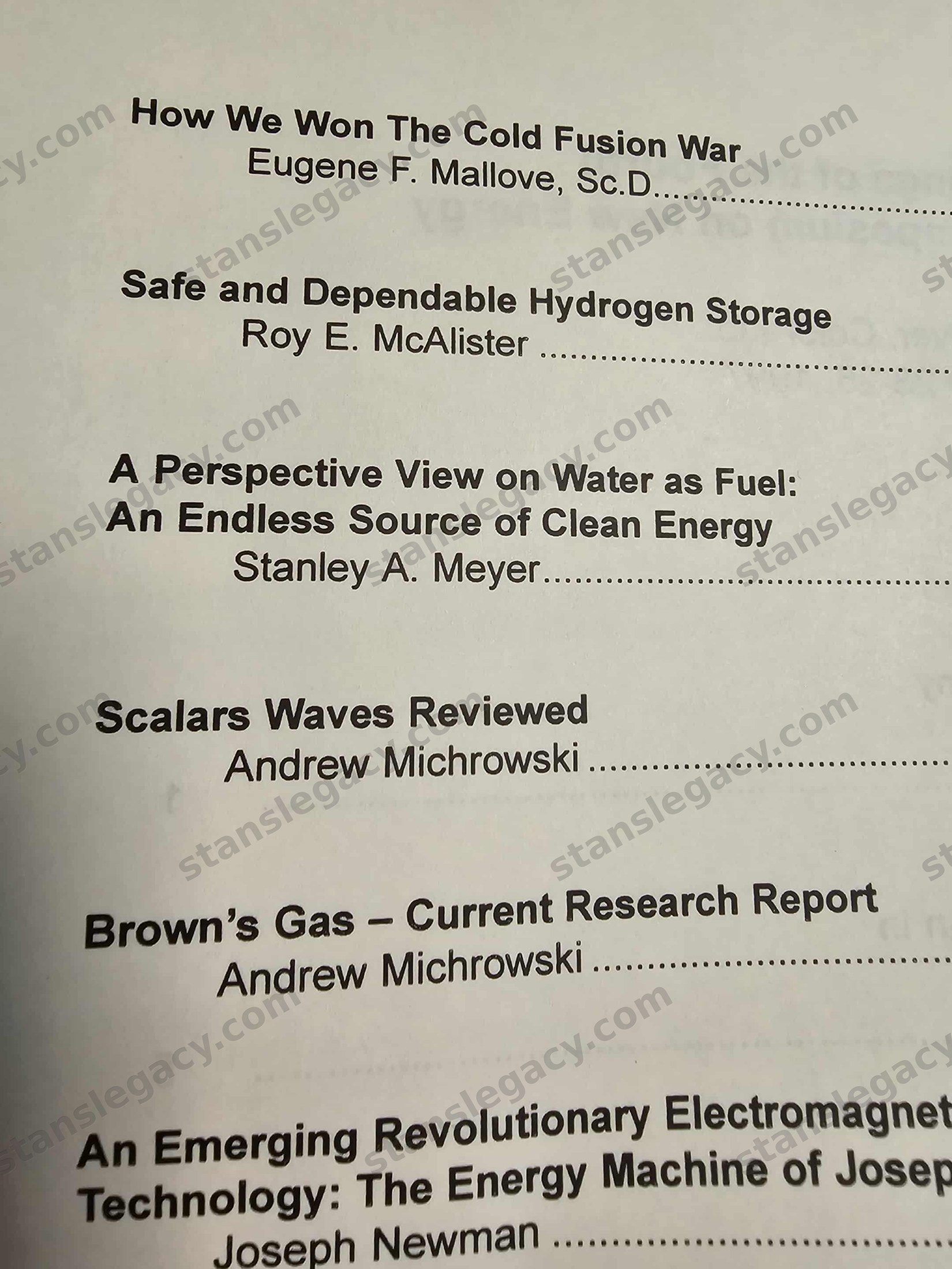 The contents. Meyer sits between Roy E. McAlister on “Safe and Dependable Hydrogen Storage” and Andrew Michrowski on “Scalars Waves Reviewed”; Eugene F. Mallove opens the volume with “How We Won the Cold Fusion War”, and Joseph Newman’s energy machine follows. The photograph is cropped at the right margin, so the page numbers are not readable on it; the numbering below comes from the pages themselves.