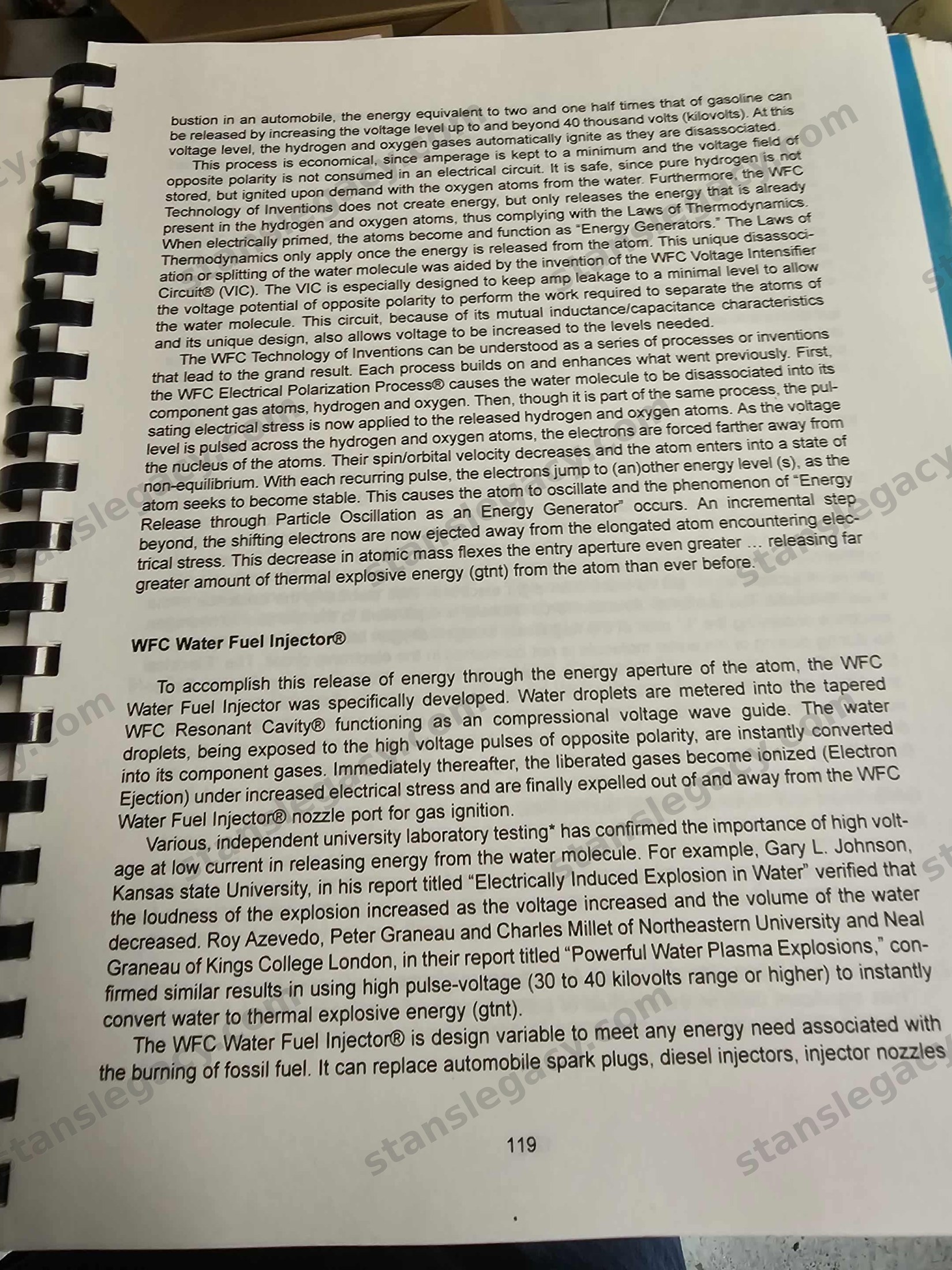 Page 119. The thermodynamics paragraph, and “WFC Water Fuel Injector®”.