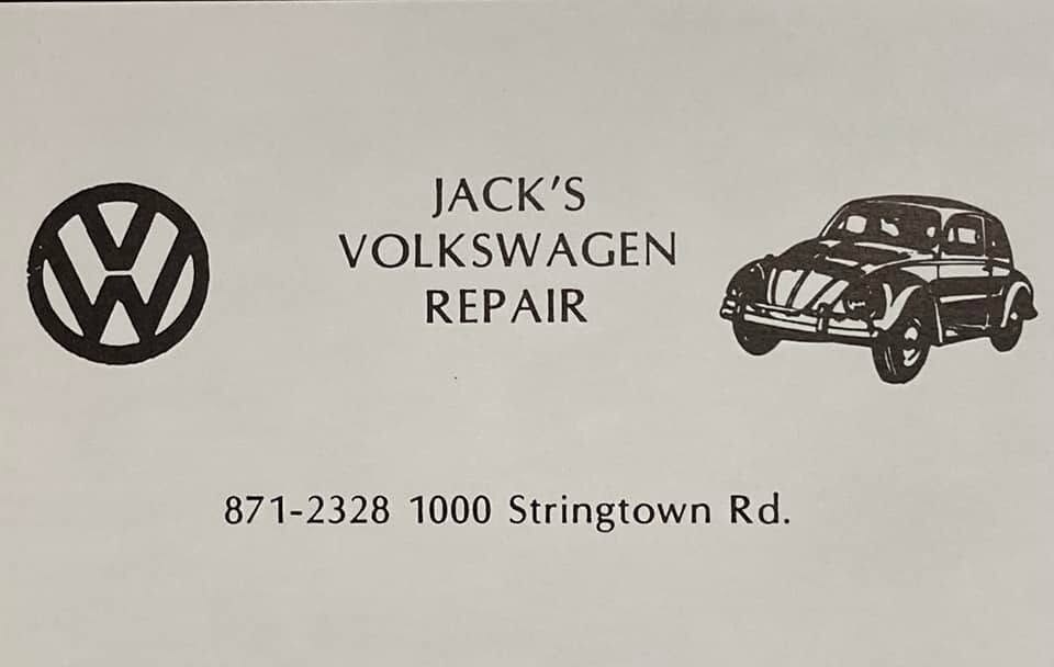 The shop's card: Jack's Volkswagen Repair, 871-2328, 1000 Stringtown Rd. Posted by Mark Valentine.