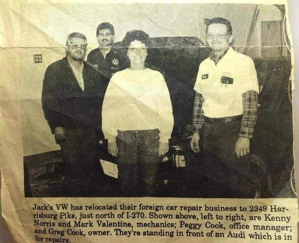 The Grove City Record on the move to Harrisburg Pike. Left to right: Kenny Norris and Mark Valentine, mechanics; Peggy Cook, office manager; Greg Cook, owner. Posted by Mark Valentine.