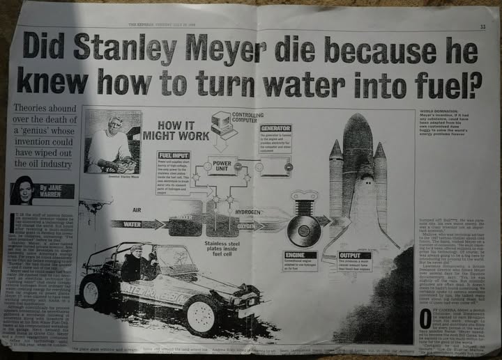 The photograph on the post: the Daily Express feature of July 1998, "Did Stanley Meyer die because he knew how to turn water into fuel?" by Jane Warren, with the buggy and a "how it might work" diagram. Jim Miller indexed the British coverage in "Stan in the British Press".