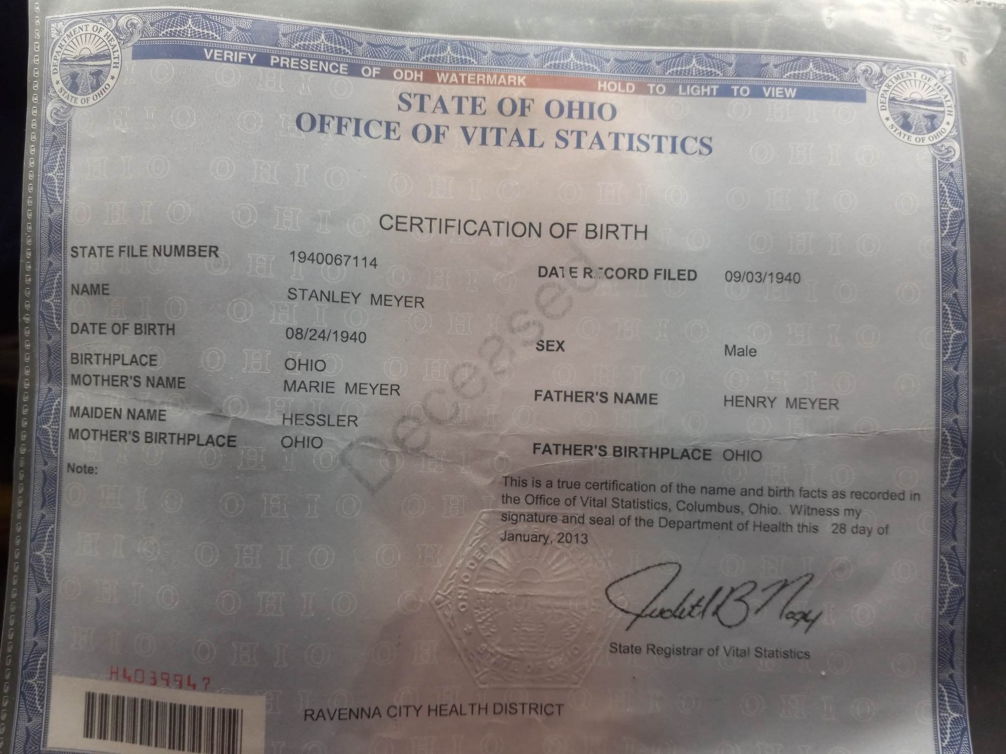 The State of Ohio certification of birth for Stanley Meyer. Certified copy issued 28 January 2013 by the Ravenna City Health District, stamped "Deceased".