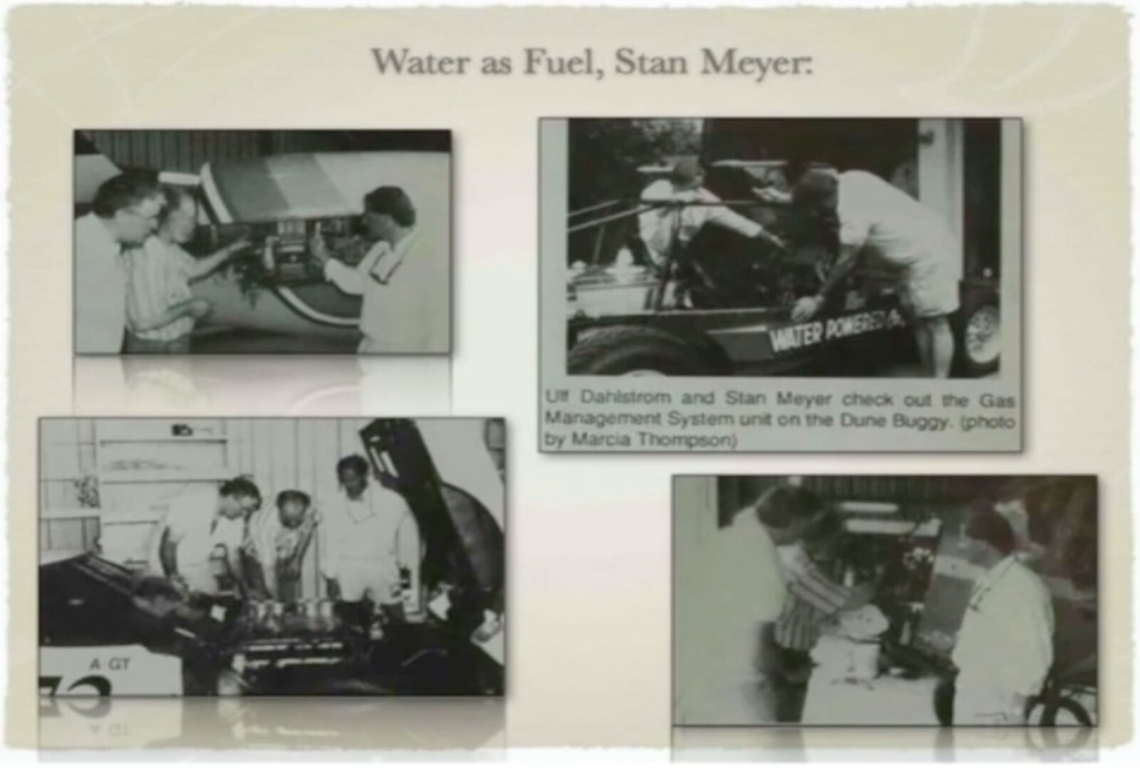 Four more from his archive, on one slide: Stan and two others at a workbench with a cell; Ulf and Stan bent over the buggy's engine bay, with a newspaper's caption still attached, "Ulf Dahlstrom and Stan Meyer check out the Gas Management System unit on the Dune Buggy (photo by Marcia Thompson)"; a group around the open engine of a car; and two men at a bench. Which paper ran the middle picture is not yet known.