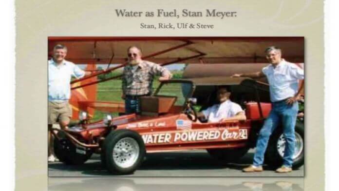 "Water as Fuel, Stan Meyer: Stan, Rick, Ulf & Steve." The slide from Dahlström's talks: the buggy under an aircraft wing, "Jesus Christ is Lord" on the hood, Stan in the plaid shirt at the driver's door, Stephen at the right. From Dahlström's personal archive, as shown at Königstein in 2018.