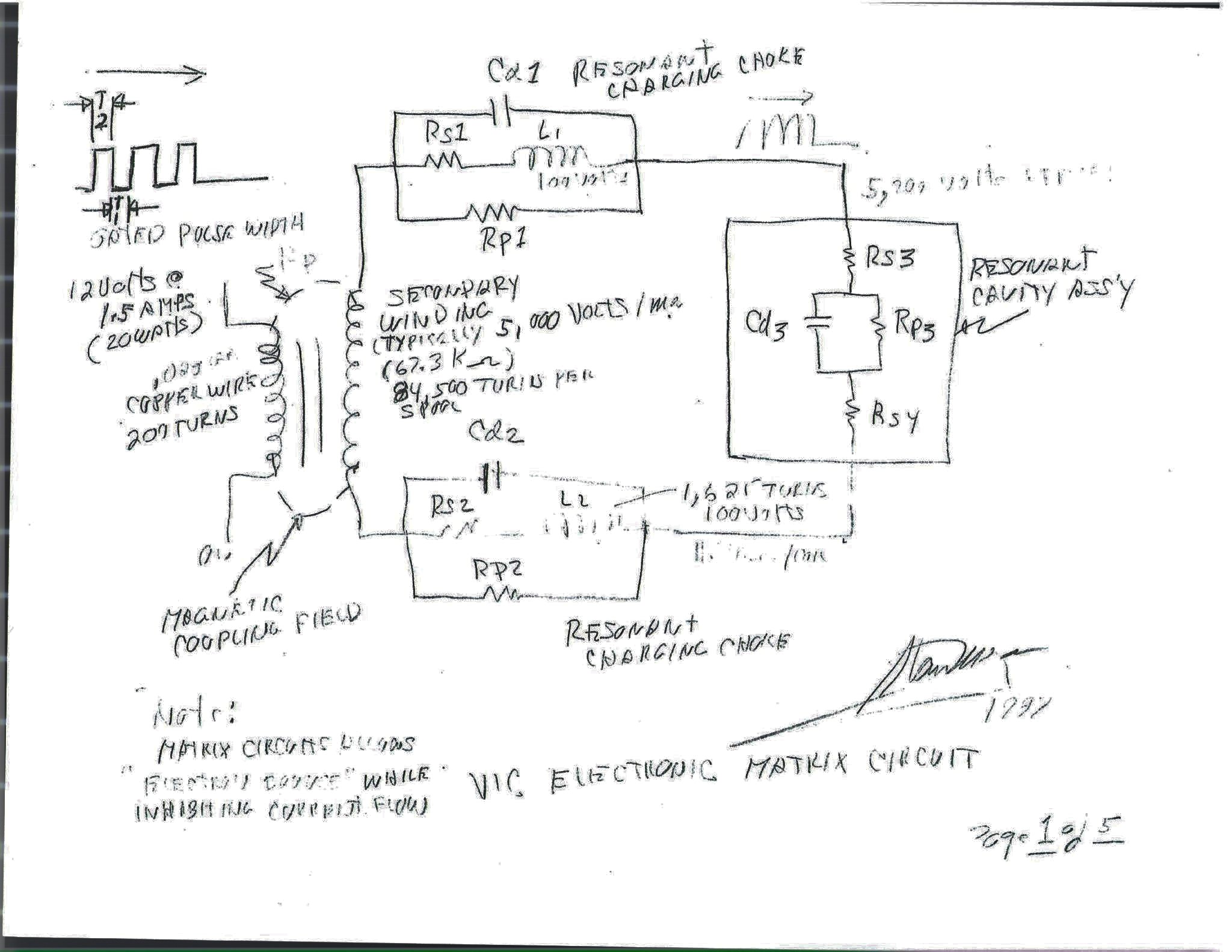Page 1 of 5: the VIC Electronic Matrix Circuit. Gated pulse width T1 and T2; primary 12 volts at 1.5 amps (20 watts), .028 copper wire, 200 turns; secondary winding typically 5,000 volts (62.3 kΩ), 84,500 turns per spool; Cd1, Rs1, L1, Rp1 as a resonant charging choke; Cd2, Rs2, L2, Rp2 as the second, 1,625 turns, 100 volts; the resonant cavity assembly Rs3, Cd3, Rp3, Rs4; 5,200 volts applied. Signed Meyer 1987.