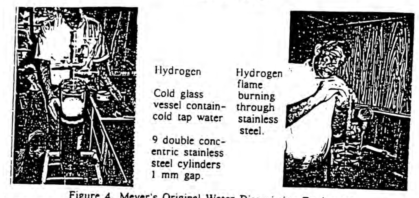 Figure 4. Meyer's original water dissociation equipment: a cold glass vessel containing cold tap water, nine double concentric stainless steel cylinders with a 1 mm gap, and the hydrogen flame burning through stainless steel.