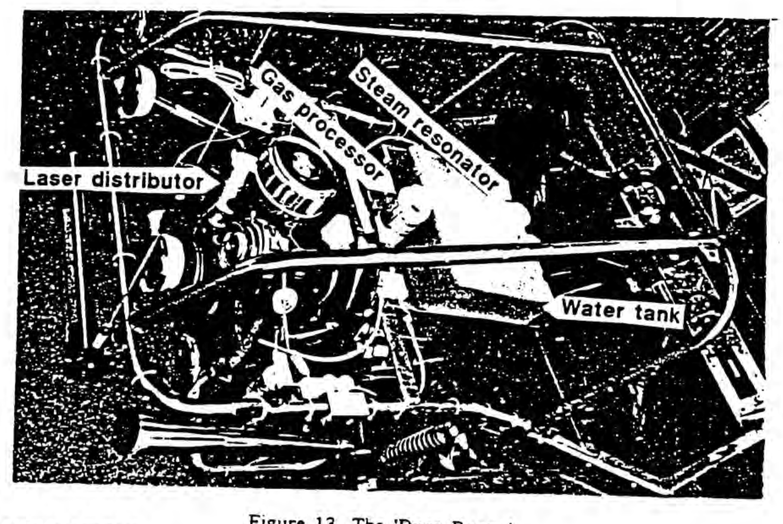 Figure 13. The 'Dune Buggy', with the laser distributor, gas processor, steam resonator and water tank labelled.
