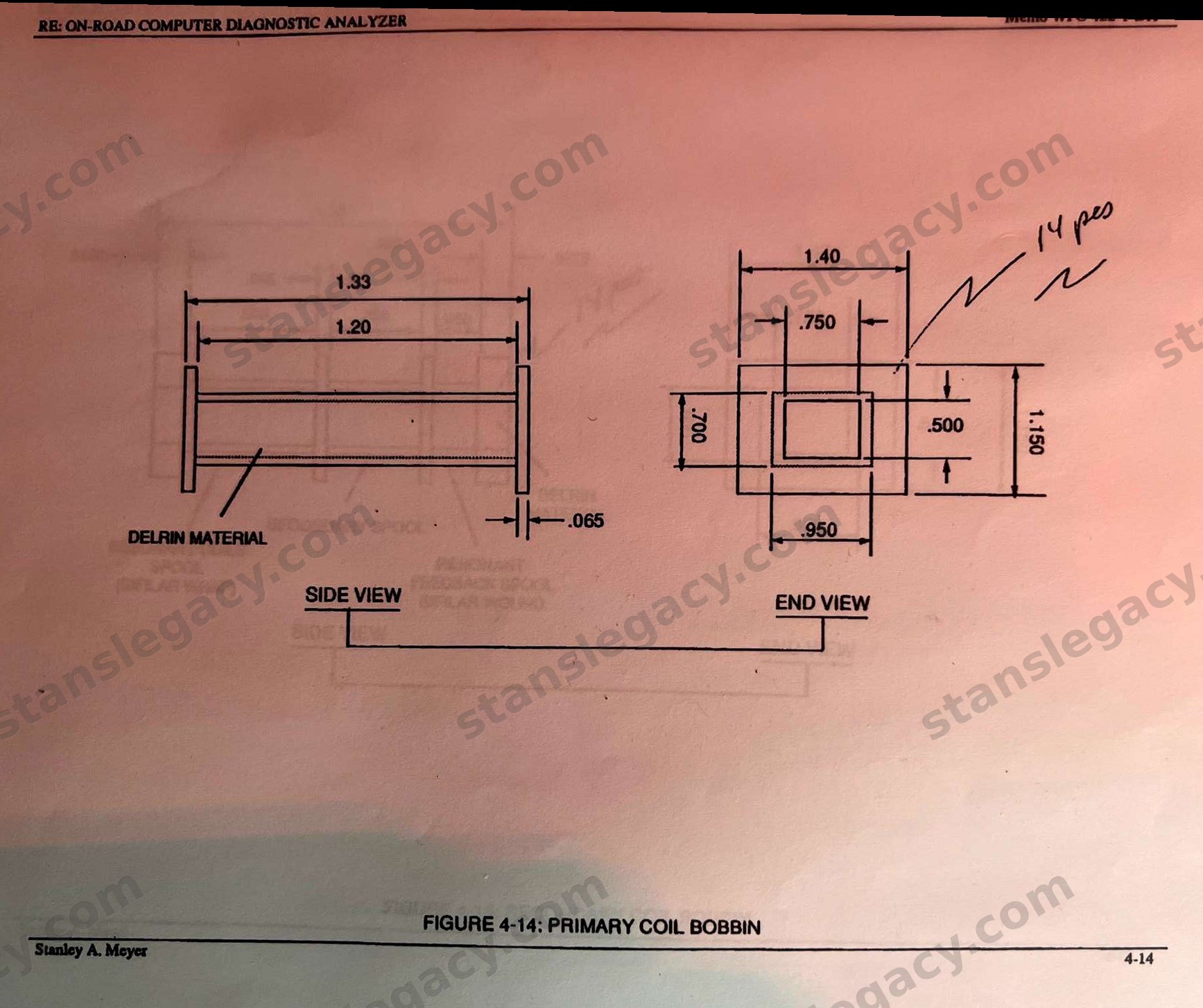 Figure 4-14: Primary Coil Bobbin. Delrin. Side view 1.33 overall with 1.20 between flanges and .065 flange thickness; end view 1.40 by 1.150 over flanges, the core .500 by .700 through a .750 by .950 seat. Marked "14 pcs" by hand.