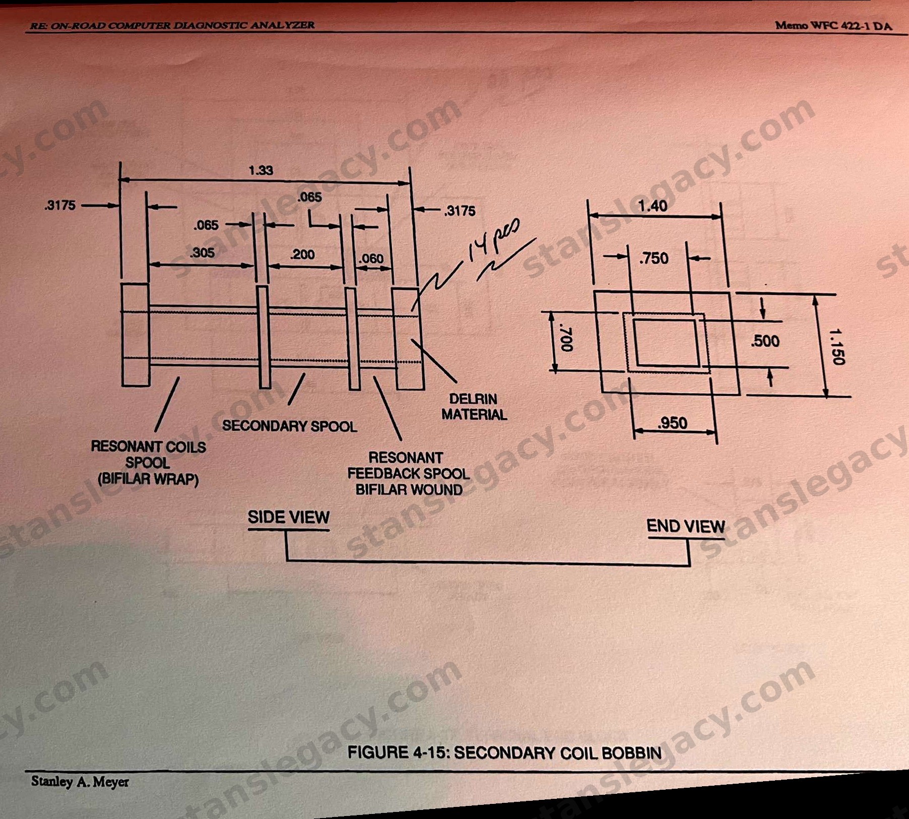 Figure 4-15: Secondary Coil Bobbin. The same 1.33 length and the same end section as the primary, divided into three windings: RESONANT COILS SPOOL (BIFILAR WRAP) at .305 wide, SECONDARY SPOOL at .200, and RESONANT FEEDBACK SPOOL BIFILAR WOUND at .060, with .3175 at each end and .065 dividers. Marked "14 pcs".