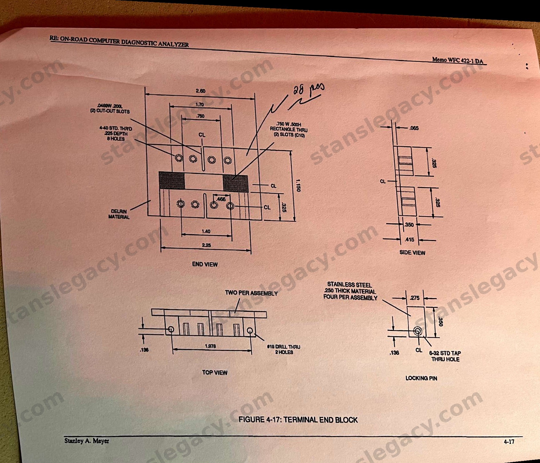 Figure 4-17: Terminal End Block. Delrin, 2.60 by 2.25 by 1.150, with eight 4-40 tapped holes .225 deep, two .0469 by .200 cut-out slots and two .750 by .500 rectangular slots through. Two per assembly, with four stainless steel locking pins of .250 plate each. Marked "28 pcs".