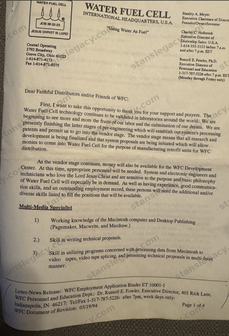 Page 1 of 4. Water Fuel Cell letterhead, Grove City, Ohio, with the company's mark — a cell, "JOB 38:22-23", and "JESUS CHRIST IS LORD".